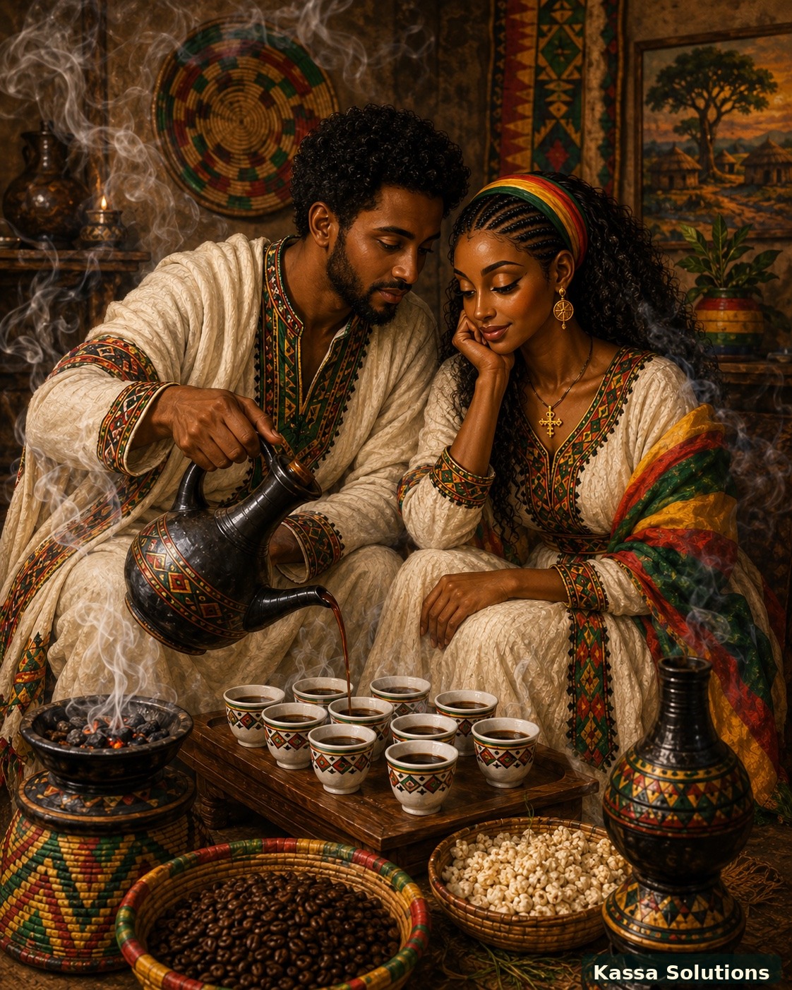 A couple sharing a traditional Ethiopian coffee ceremony