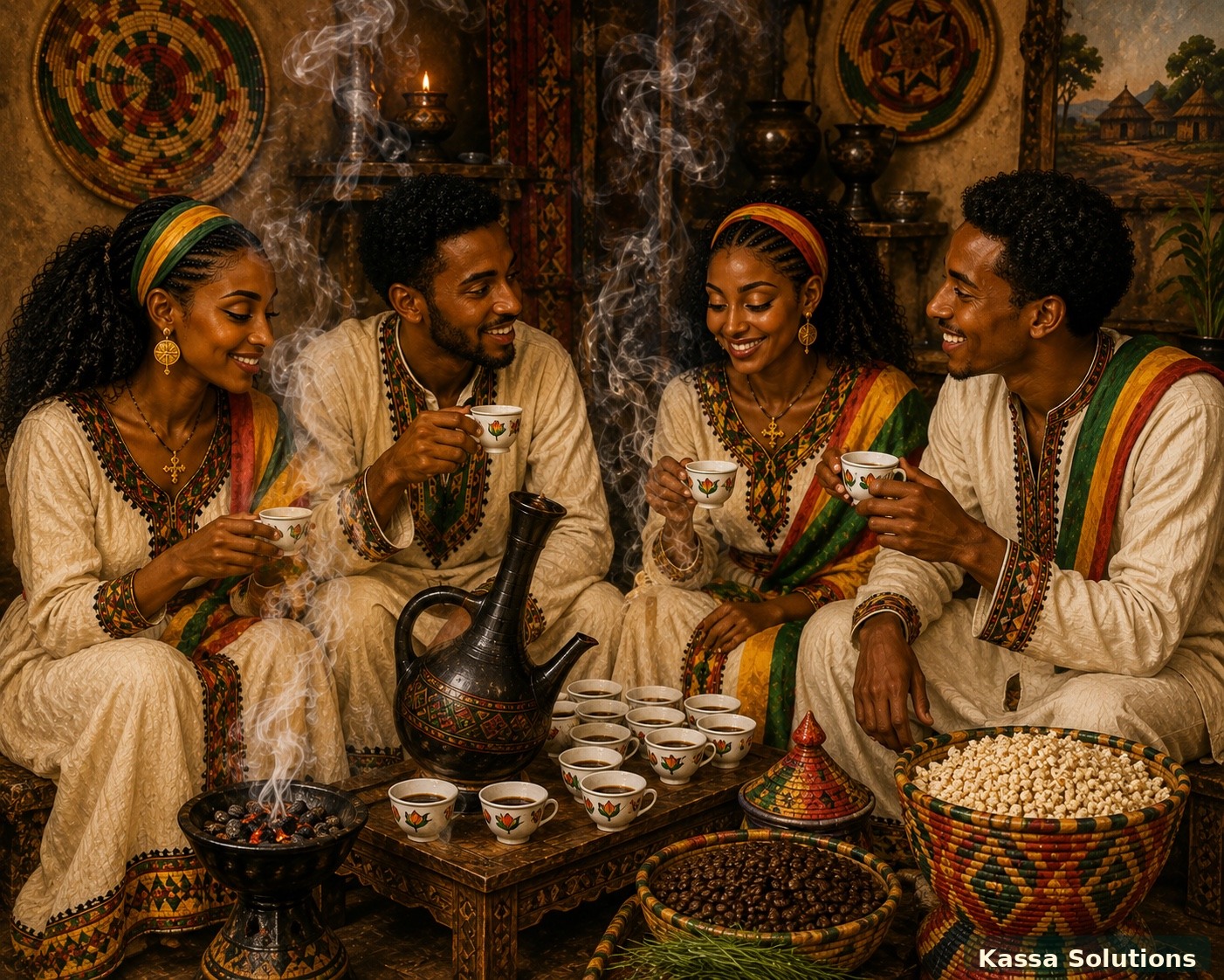 Friends enjoying Ethiopian coffee together
