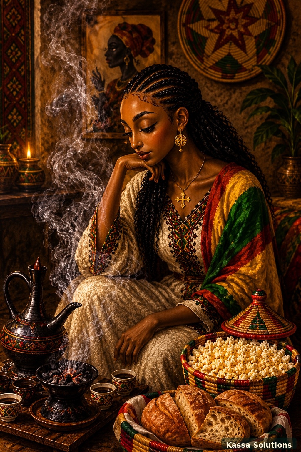Ethiopian coffee ceremony with incense, popcorn and bread