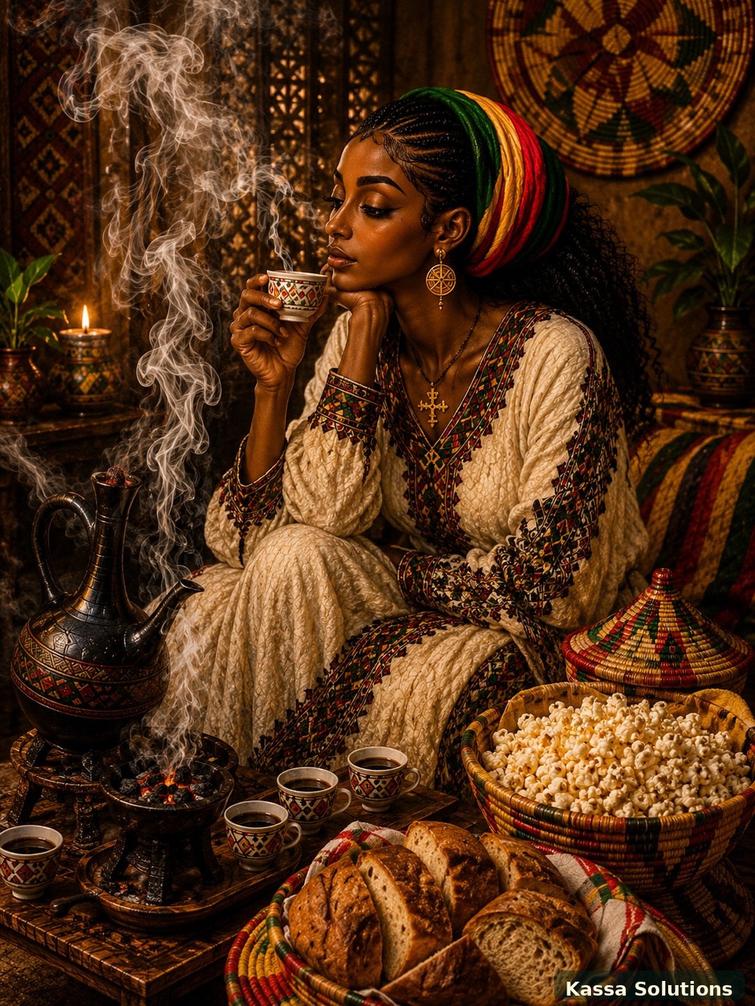 Ethiopian woman enjoying a traditional coffee cup