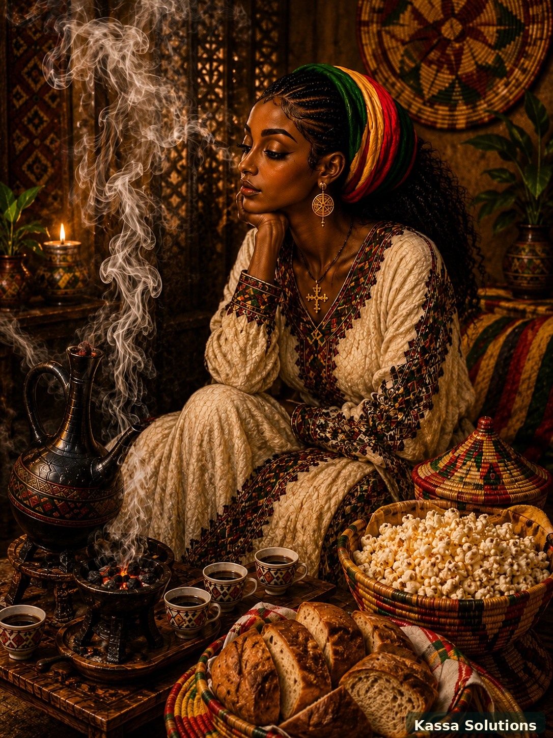 Ethiopian woman seated beside a traditional jebena and incense