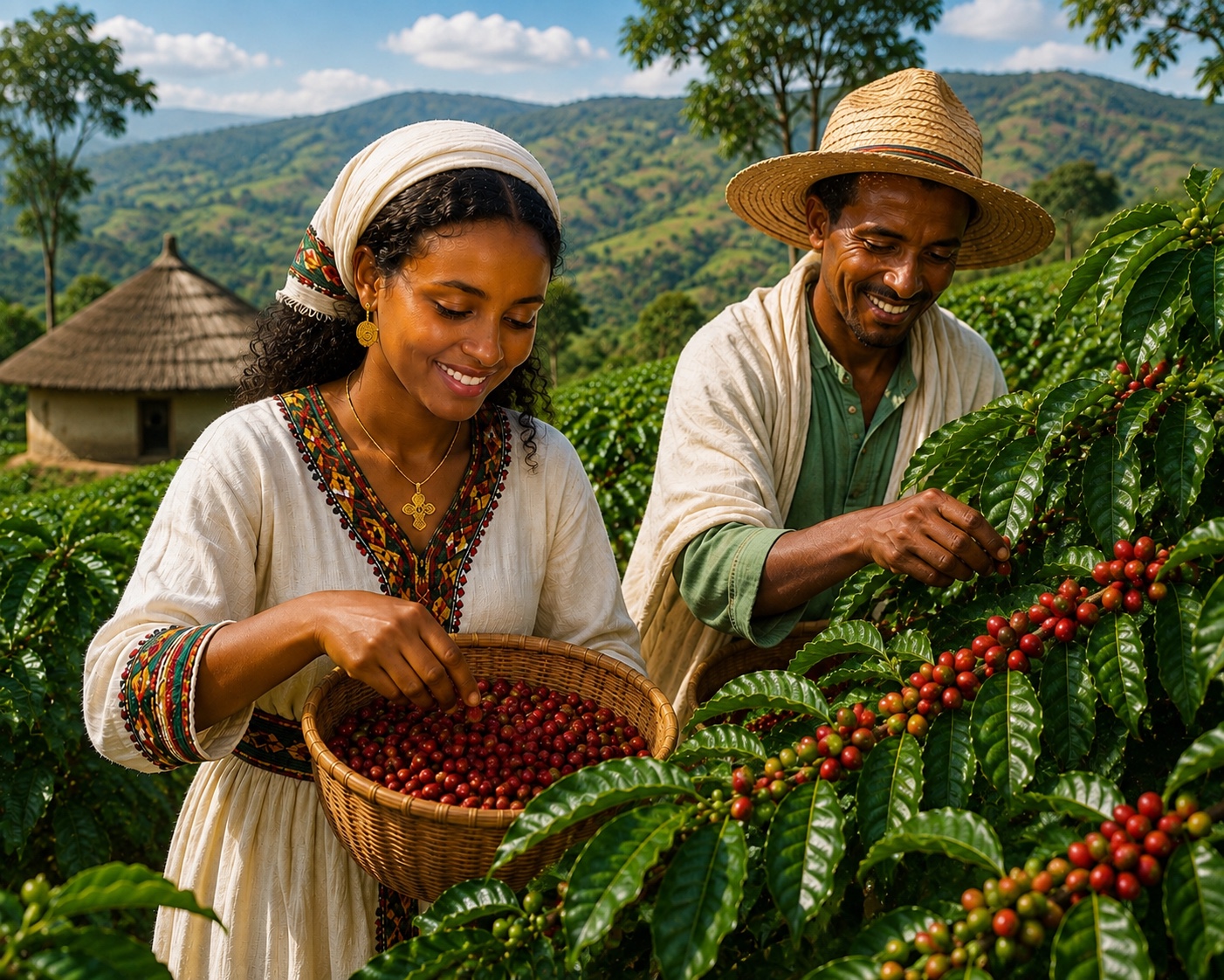 Ethiopian coffee farmers harvesting ripe coffee cherries