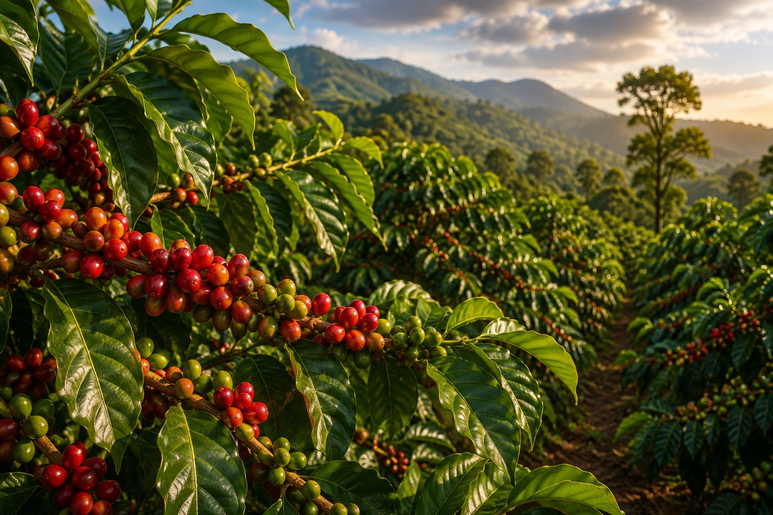 Coffee plantation with ripe cherries in the Ethiopian highlands