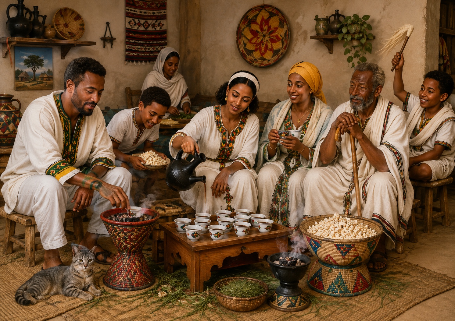 Family gathered for a traditional Ethiopian coffee ceremony