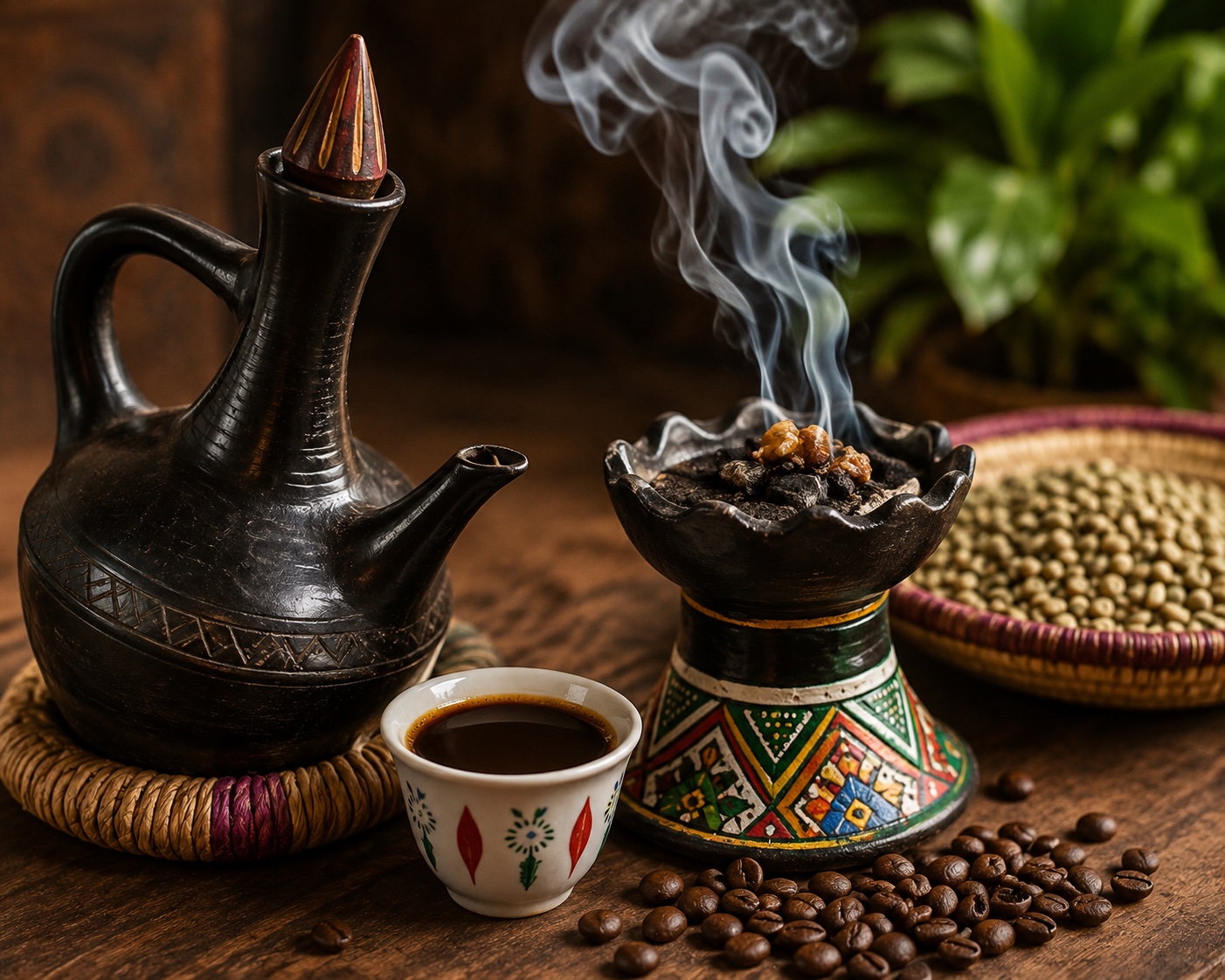 Traditional jebena, coffee cup and incense