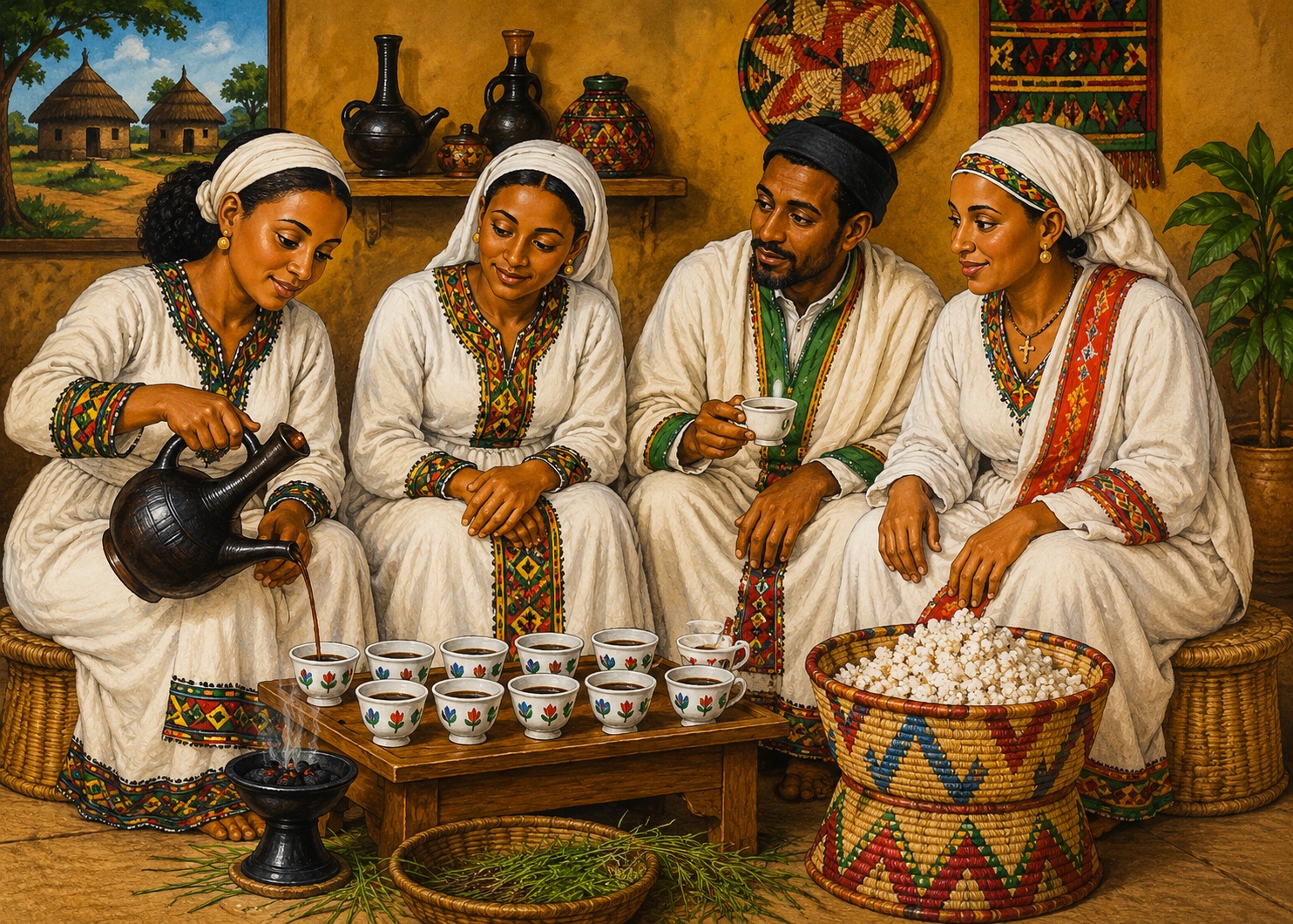 Friends gathered around an Ethiopian coffee ceremony