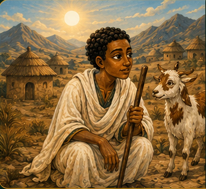 Kaldi watching an energetic goat near a coffee tree in the Ethiopian highlands