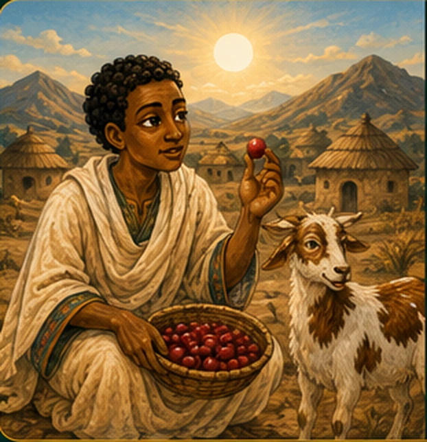 Kaldi observing his goat eating red coffee berries