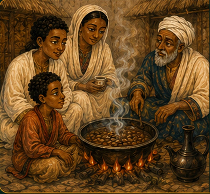 Kaldi sharing the red berries and his discovery with his family