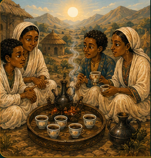 A family preparing the berries over a fire in an Ethiopian artistic scene