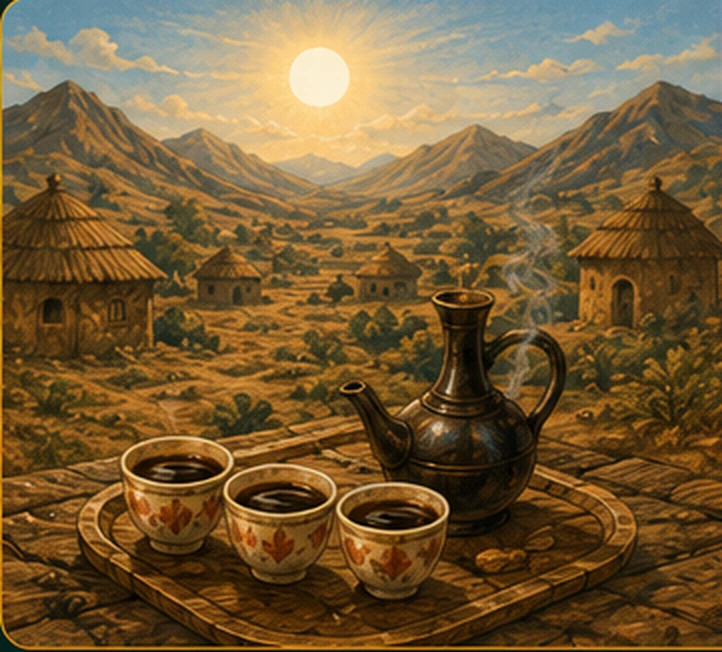 Family gathered together sharing coffee in an Ethiopian artistic scene